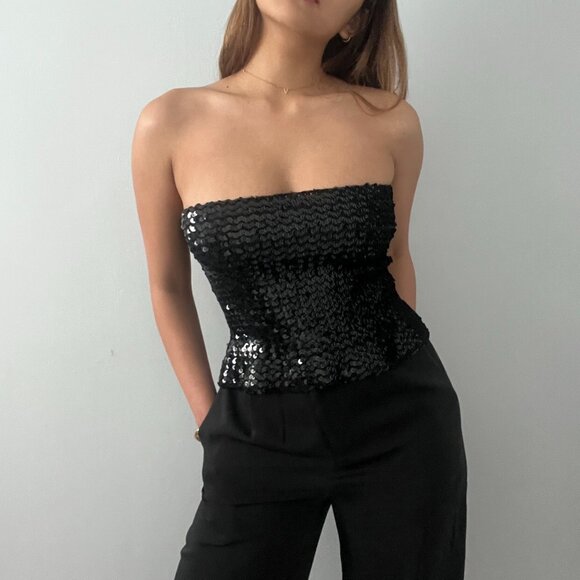 Vintage Black Sequinned Peplum Tube Party Top – Perfect for Holidays & Night Out - Picture 1 of 9